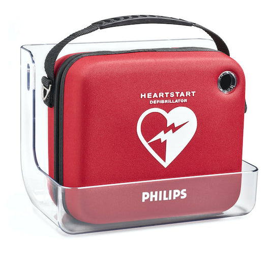 Student First Aid Philips Heartstart defibrillator case in wall mount bracket